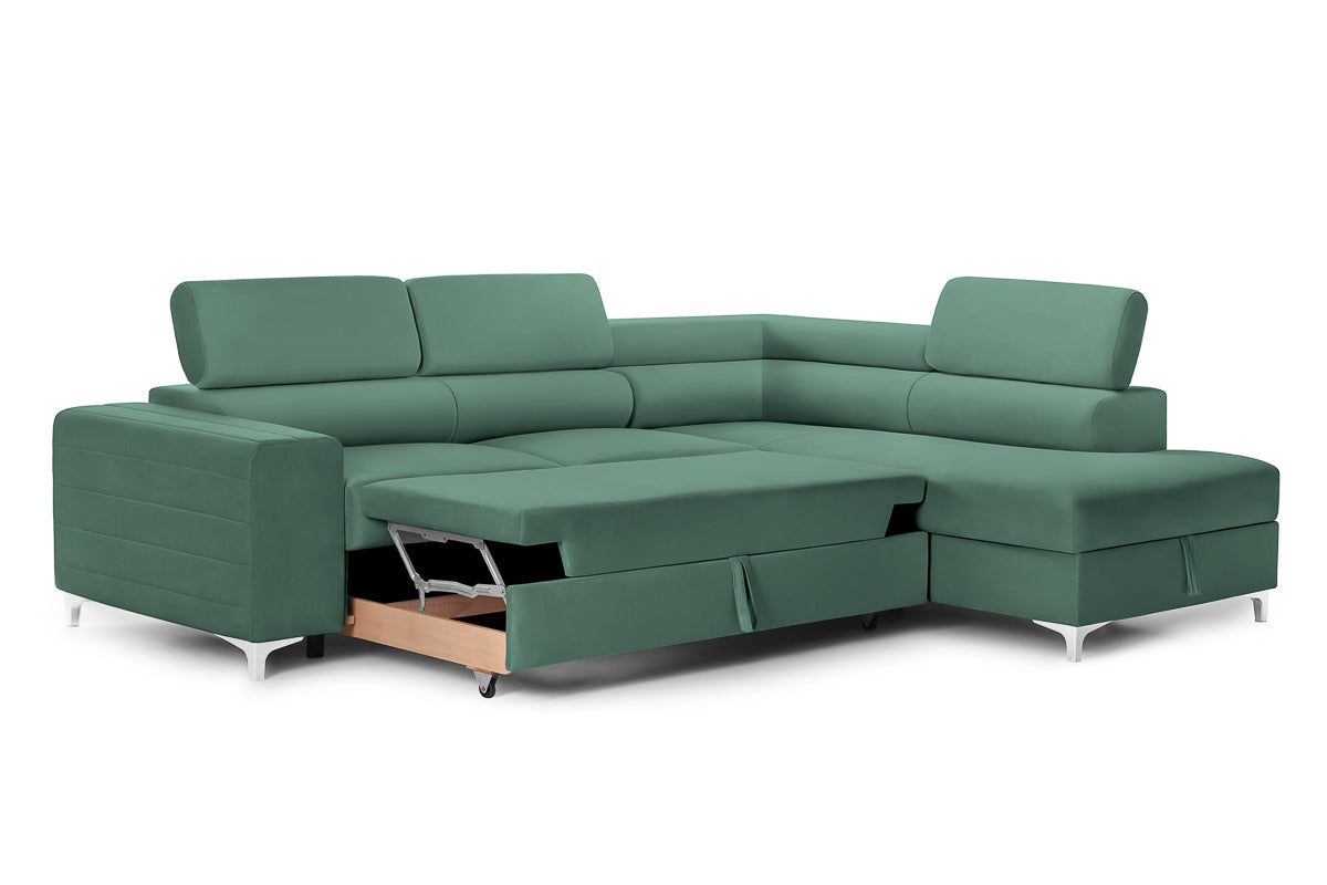 Colțar Extensibil TIME, cu lada depozitare, tetiere reglabile, 285x220x95 cm, #color_Verde-Padure-Velluto