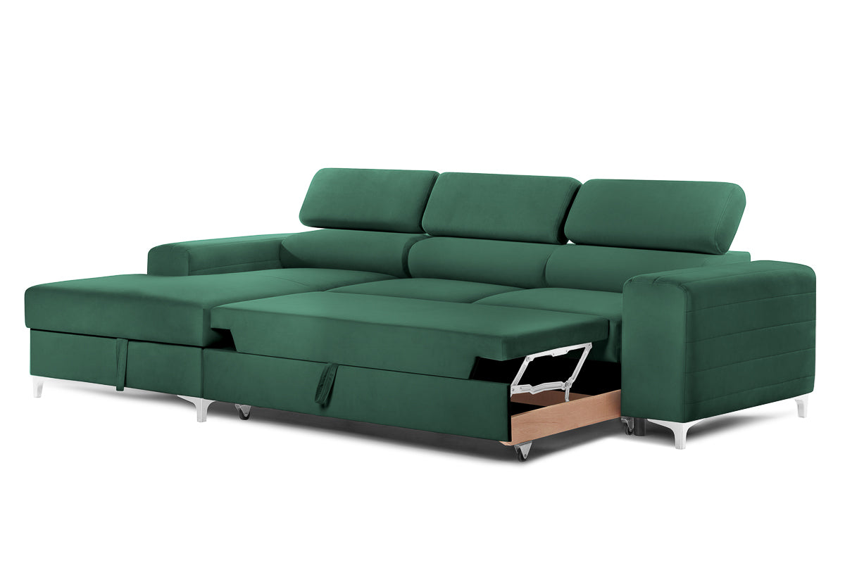 Colțar Extensibil LOFT, cu lada depozitare, tetiere reglabile, 295x170x95 cm, #color_Verde-Padure-Velluto