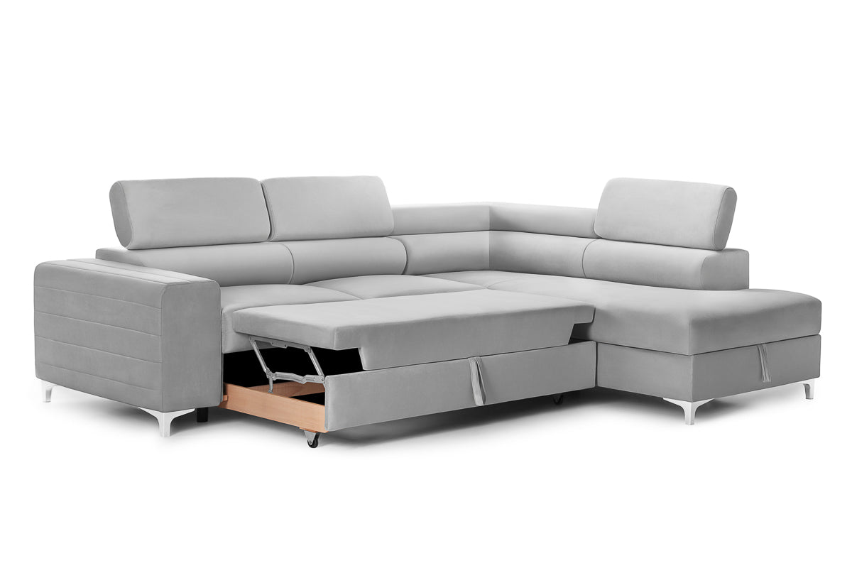 Colțar Extensibil TIME, cu lada depozitare, tetiere reglabile, 285x220x95 cm, #color_Gri-Silver-Velluto