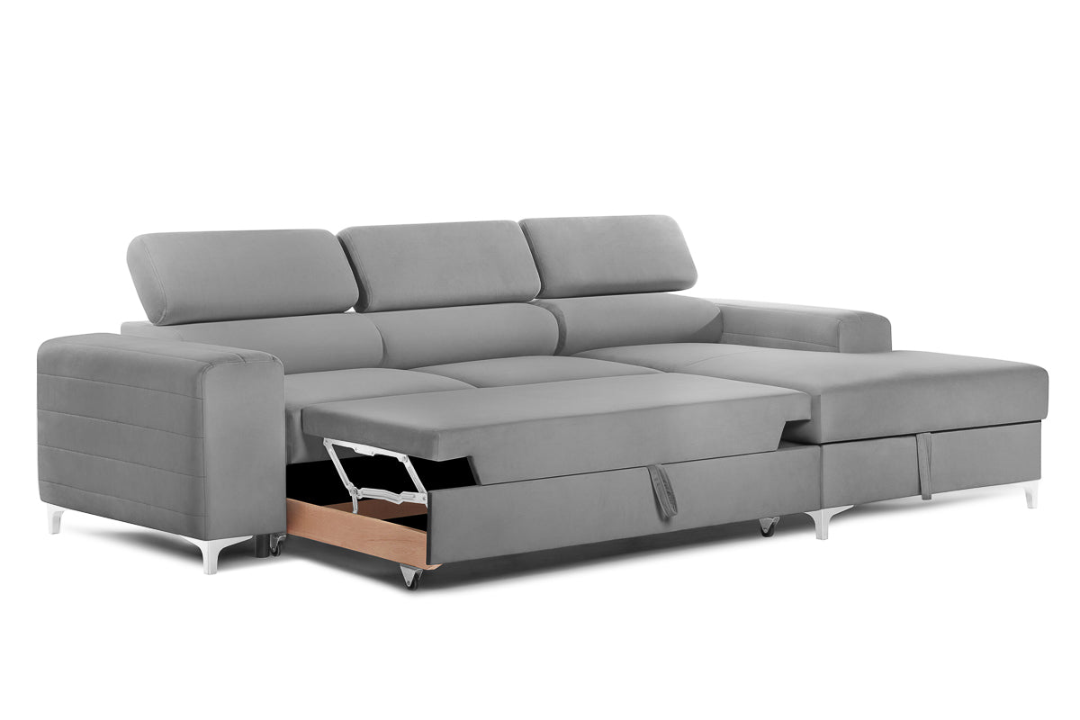 Colțar Extensibil LOFT, cu lada depozitare, tetiere reglabile, 295x170x95 cm, #color_Gri-Silver-Velluto