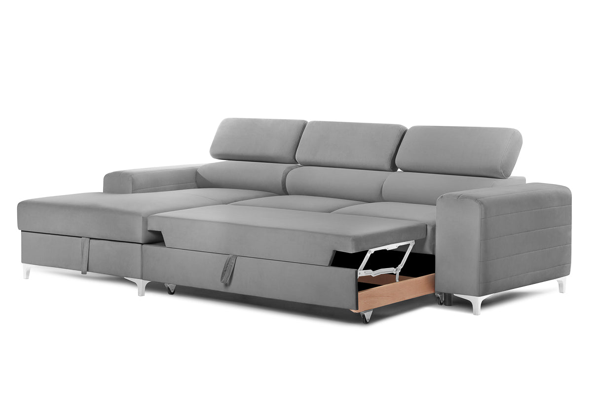 Colțar Extensibil LOFT, cu lada depozitare, tetiere reglabile, 295x170x95 cm, #color_Gri-Silver-Velluto