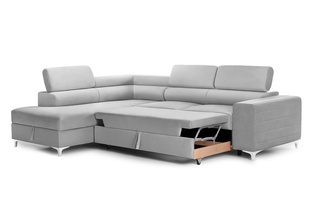 Colțar Extensibil TIME, cu lada depozitare, tetiere reglabile, 285x220x95 cm, #color_Gri-Silver-Velluto