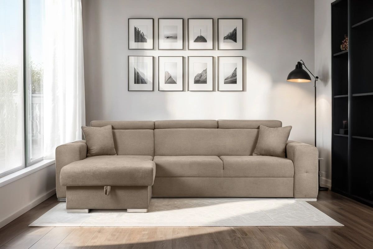 Coltar Extensibil BELLAGIO, sezlong interschimbabil, cu lada de depozitare, cu tetiere, 275x170x85 cm - Prestigehome.ro - Coltare - Prestige - #color_bej-enjoy