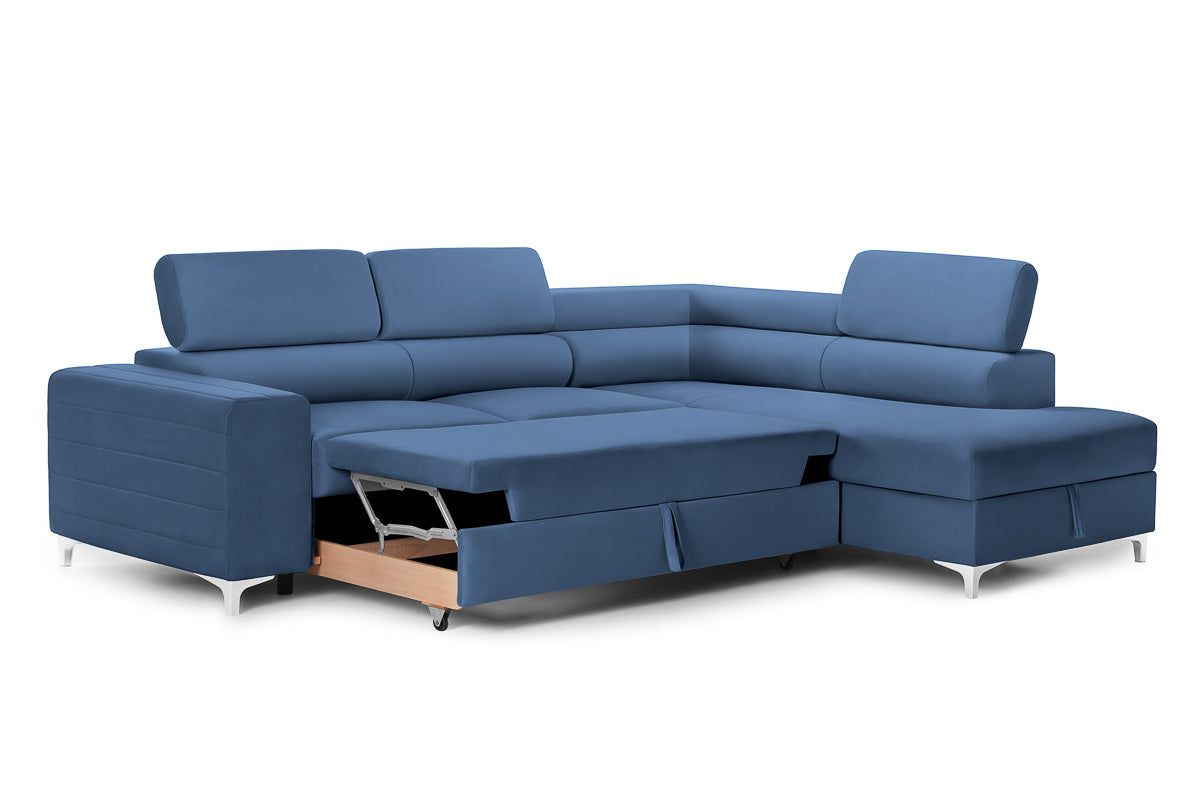 Colțar Extensibil TIME, cu lada depozitare, tetiere reglabile, 285x220x95 cm, #color_Albastru-Velluto