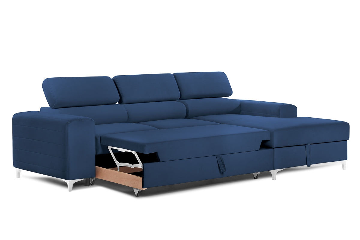 Colțar Extensibil LOFT, cu lada depozitare, tetiere reglabile, 295x170x95 cm, #color_Albastru-Velluto