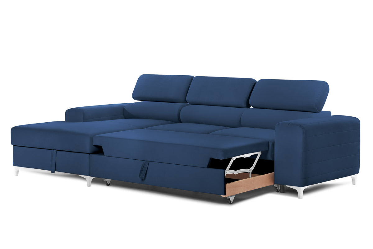 Colțar Extensibil LOFT, cu lada depozitare, tetiere reglabile, 295x170x95 cm, #color_Albastru-Velluto