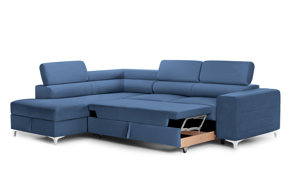 Colțar Extensibil TIME, cu lada depozitare, tetiere reglabile, 285x220x95 cm, #color_Albastru-Velluto