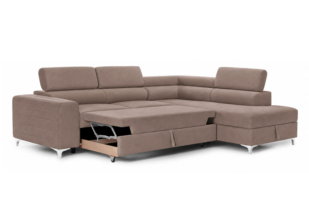Colțar Extensibil TIME, cu lada depozitare, tetiere reglabile, varianta pe dreapta, 285x220x95 cm, Maro Deschis - Outlet