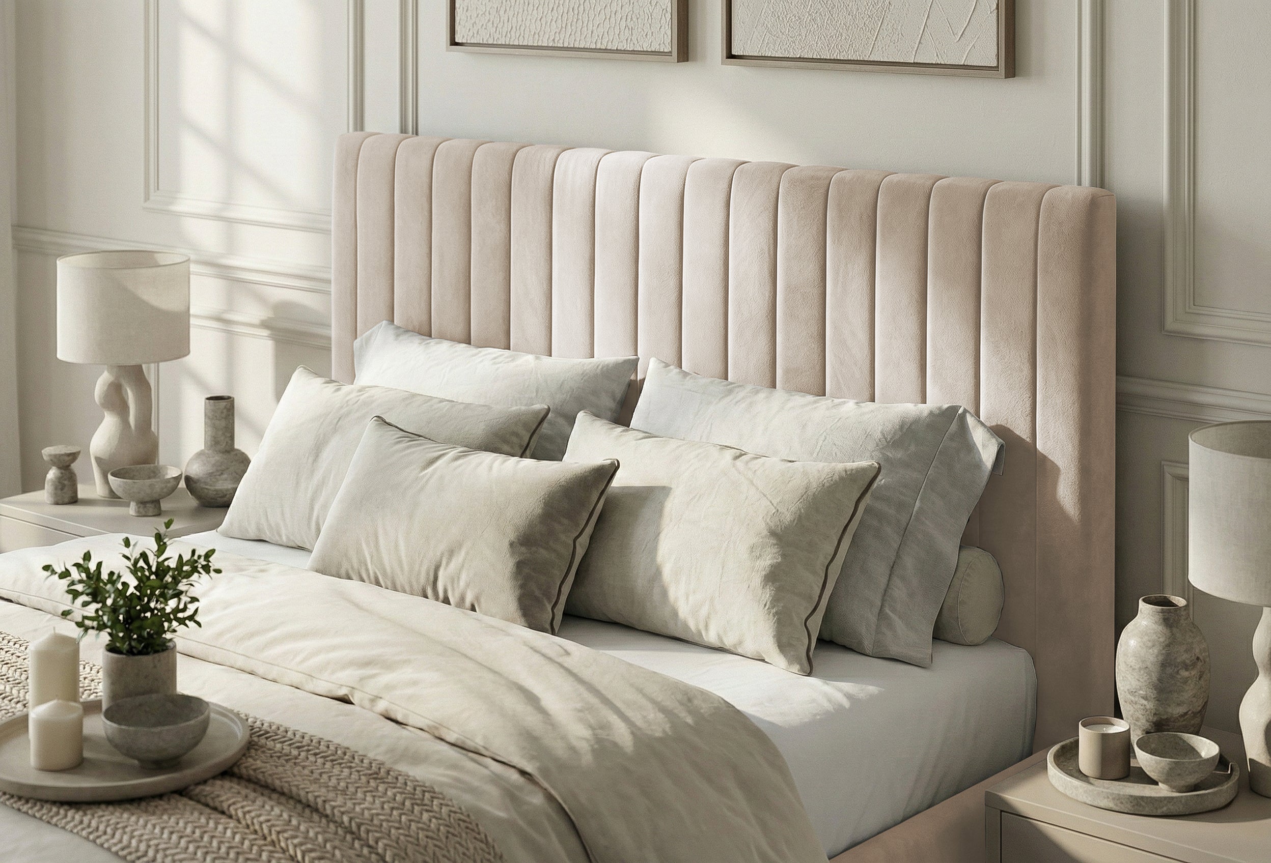 Pat Tapițat Sara, cu somieră fixă și tăblie înaltă, 160x200 cm, Bej - Outlet