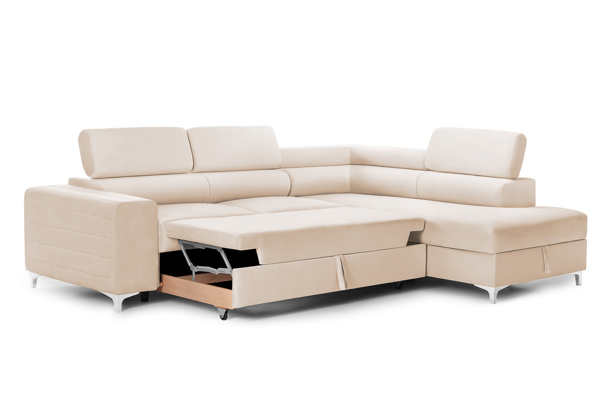 Colțar Extensibil TIME, cu lada depozitare, tetiere reglabile, 285x220x95 cm, #color_Bej-Velluto