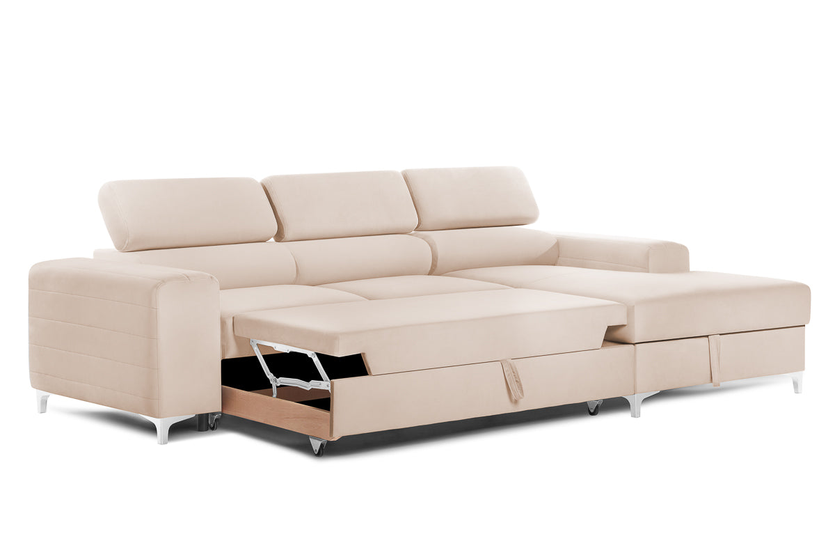 Colțar Extensibil LOFT, cu lada depozitare, tetiere reglabile, 295x170x95 cm, #color_Bej-Velluto