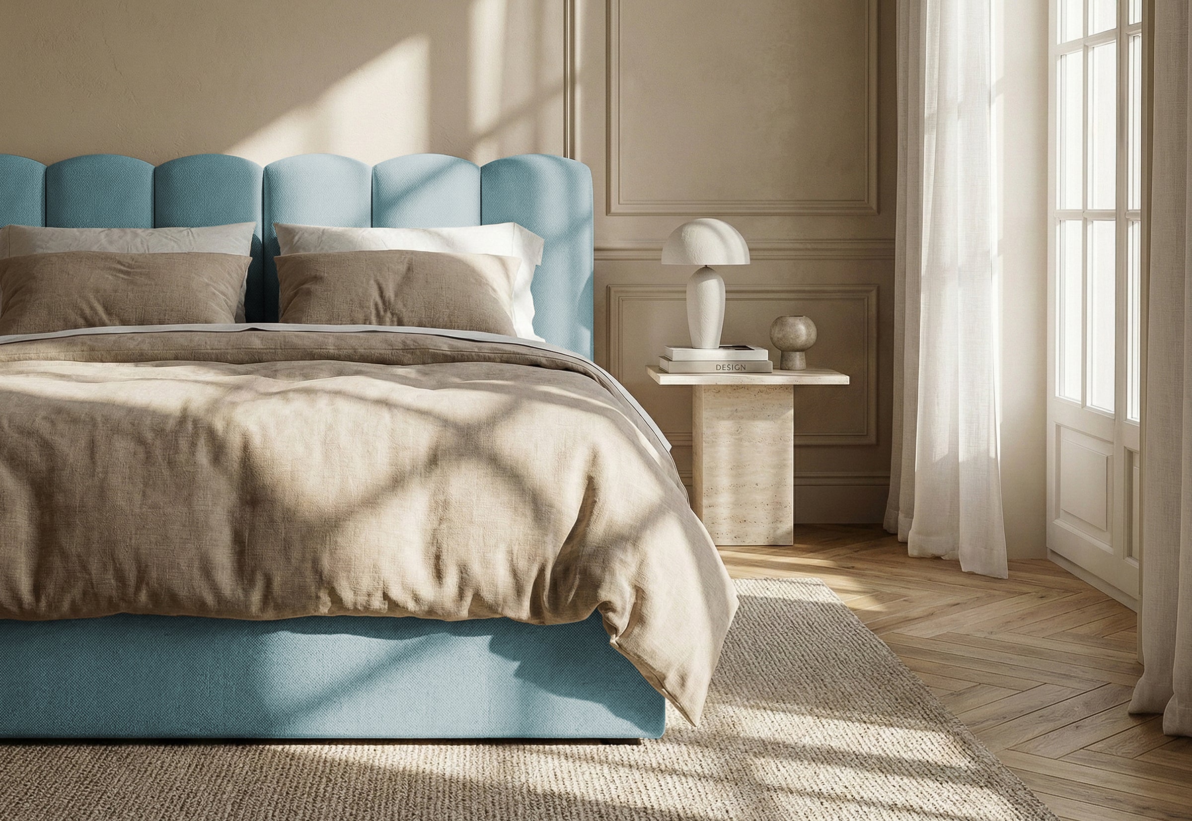 Pat Tapițat PRINCESS, cu somieră rabatabilă și ladă de depozitare, #color_Albastru-Deschis-Mystery