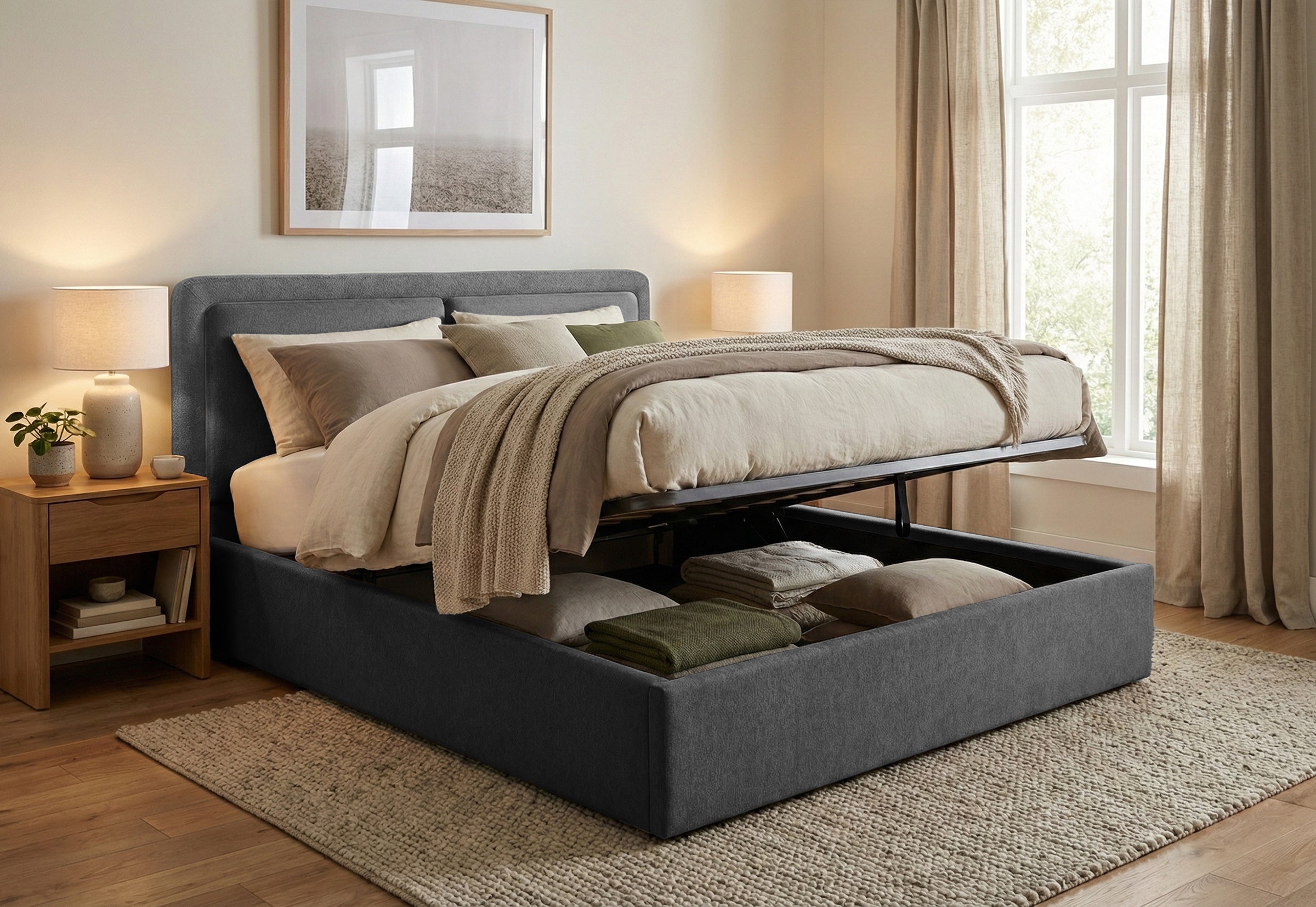 Pat Tapițat PIEMONTE, cu somieră rabatabilă și ladă de depozitare, #color_loft-gri