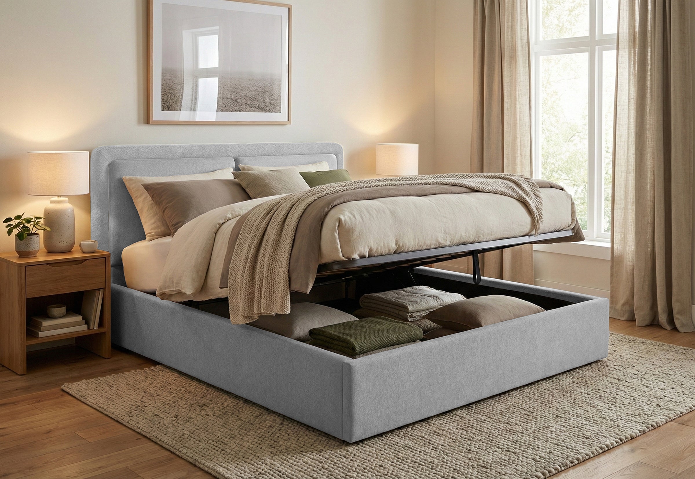 Pat Tapițat PIEMONTE, cu somieră rabatabilă și ladă de depozitare, #color_loft-gri-argintiu