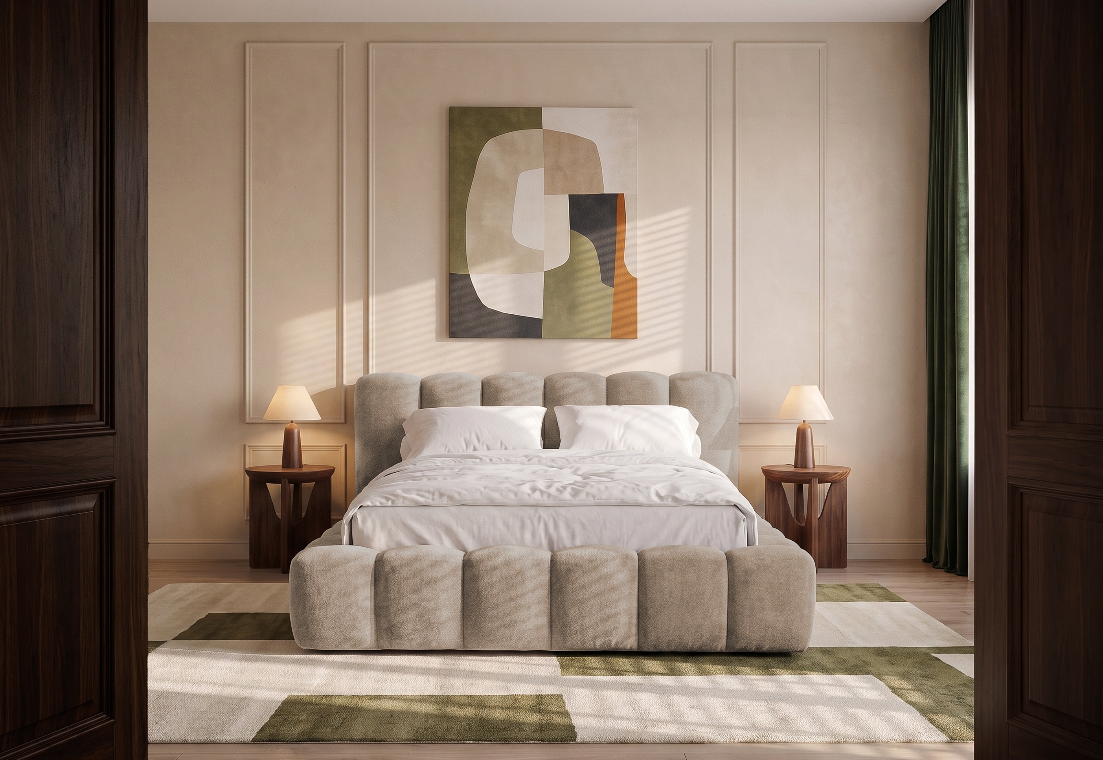 Pat Tapițat Bloom, cu somieră rabatabilă și ladă de depozitare, #color_Bej-Taupe-Eden