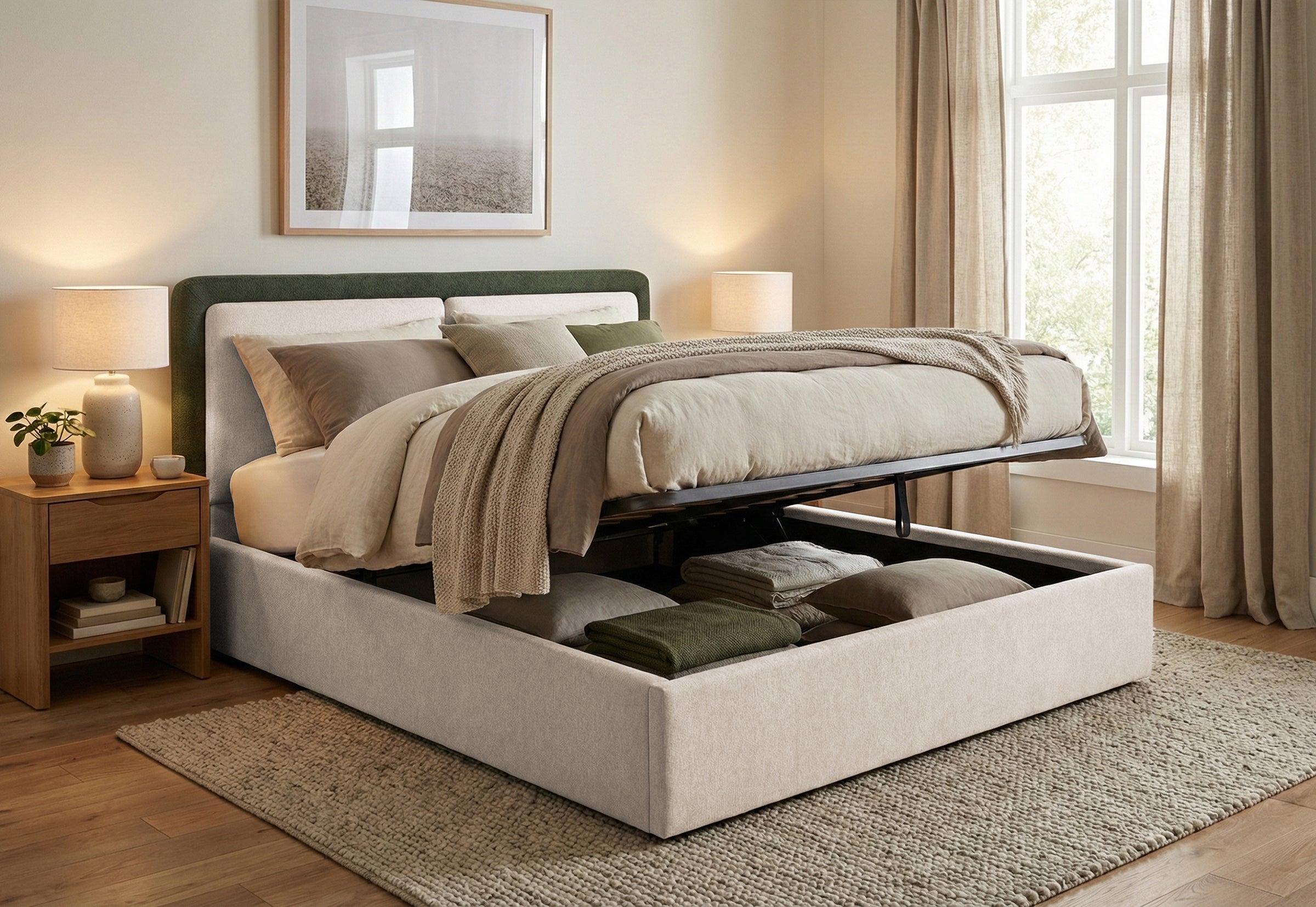 Pat Tapițat PIEMONTE, cu somieră rabatabilă și ladă de depozitare, #color_loft-verde-inchis-crem