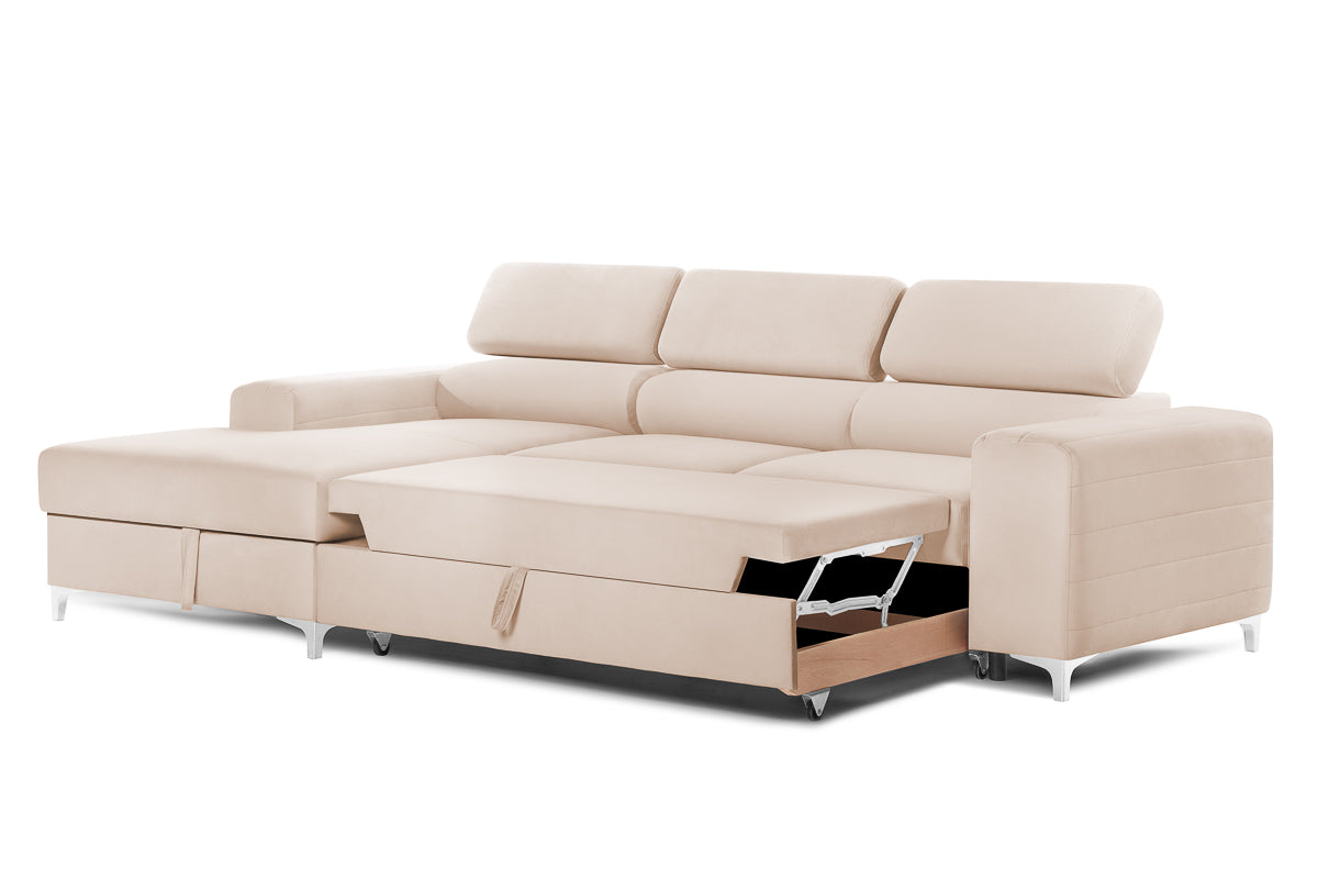Colțar Extensibil LOFT, cu lada depozitare, tetiere reglabile, 295x170x95 cm, #color_Bej-Velluto