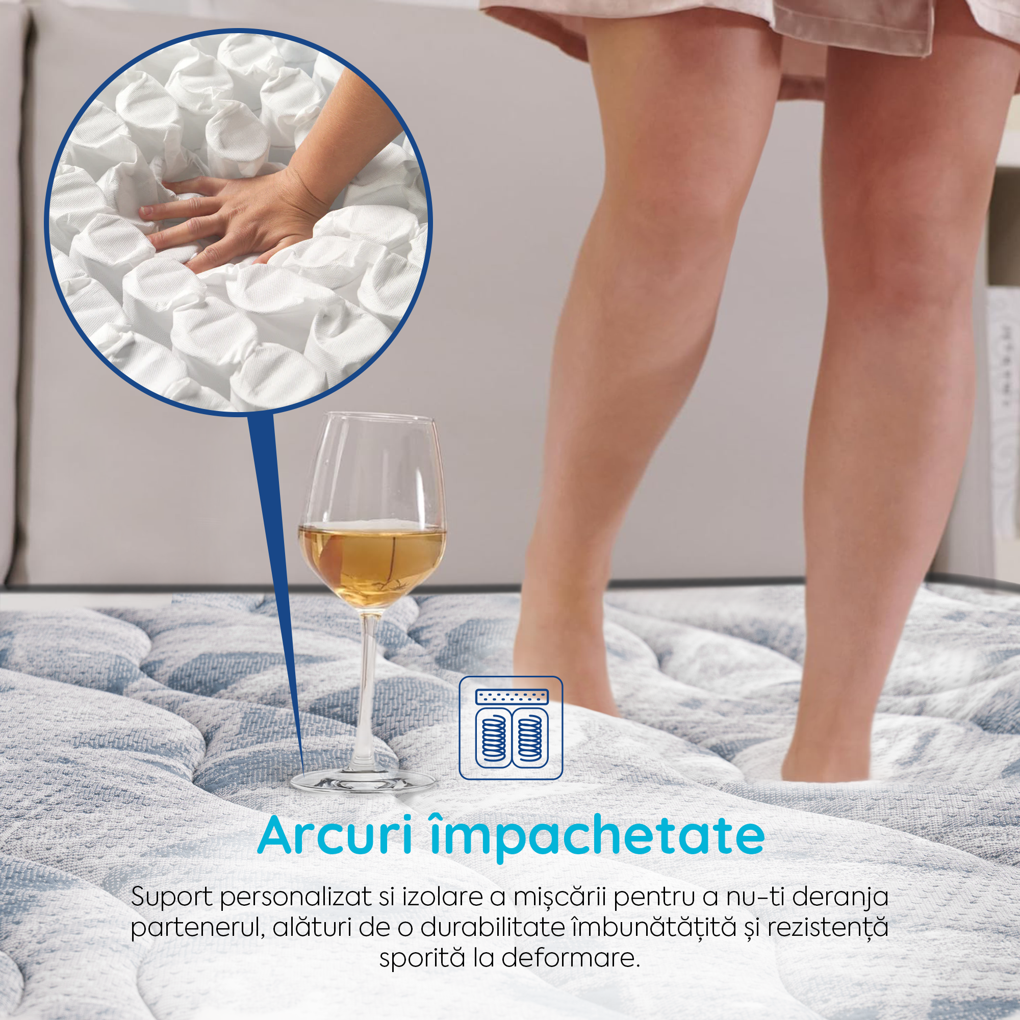 Saltea Ideal Sleep COOL MEMORY GEL POCKET 5 Zone, Arcuri individuale, spumă poliuretanica elastică, spumă cu memorie cu gel de răcire, husă CoolActive, superortopedică, Grosime 30 cm