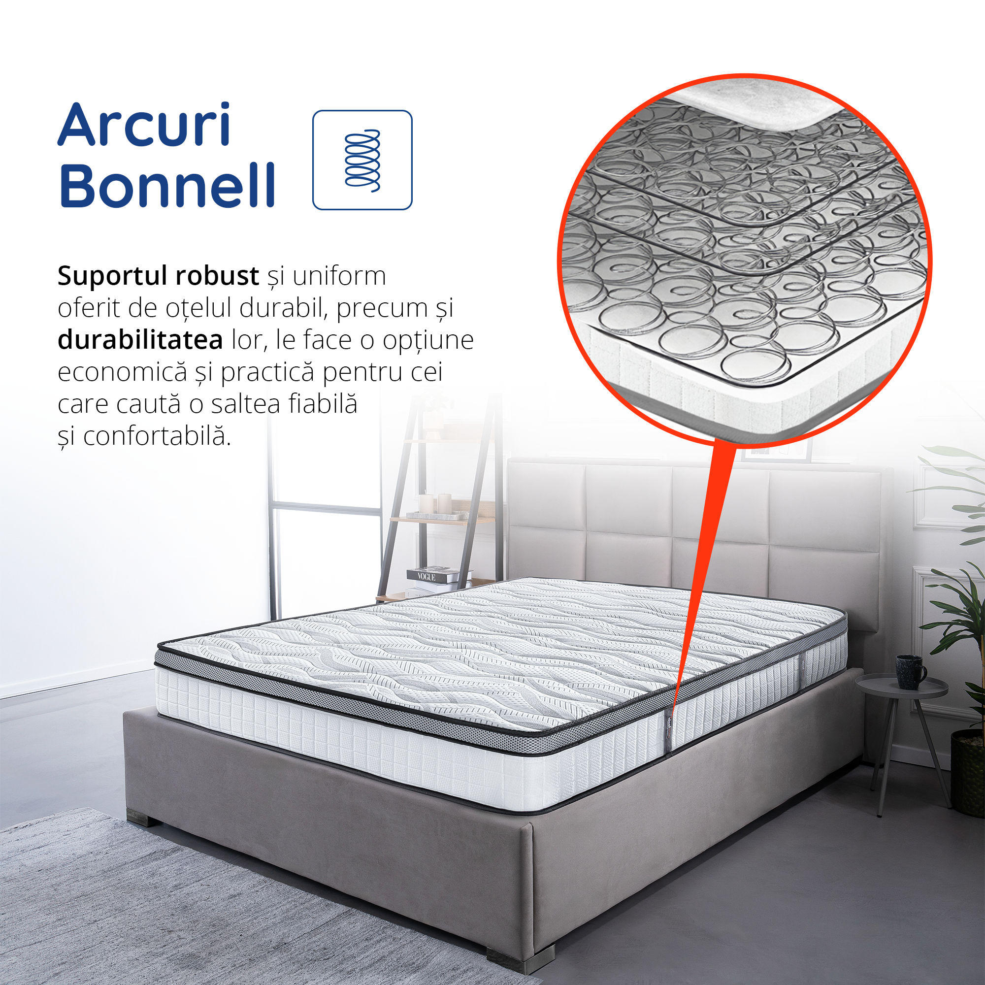 Saltea Ideal Sleep DREAM MEMORY, Arcuri Bonell, spumă poliuretanică fermă, spumă cu memorie, superortopedică, Grosime 26 cm