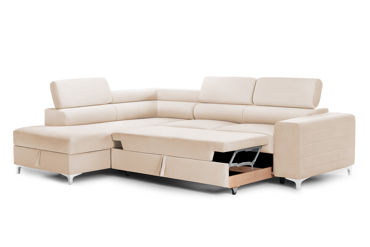 Colțar Extensibil TIME, cu lada depozitare, tetiere reglabile, 285x220x95 cm, #color_Bej-Velluto