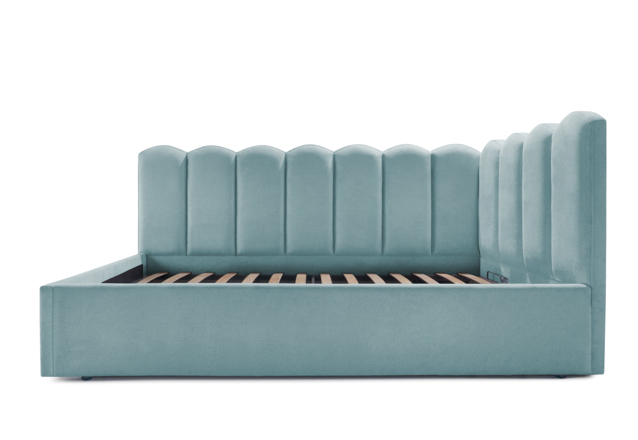 Pat Tapitat Princess de colt, cu somiera rabatabila si lada depozitare