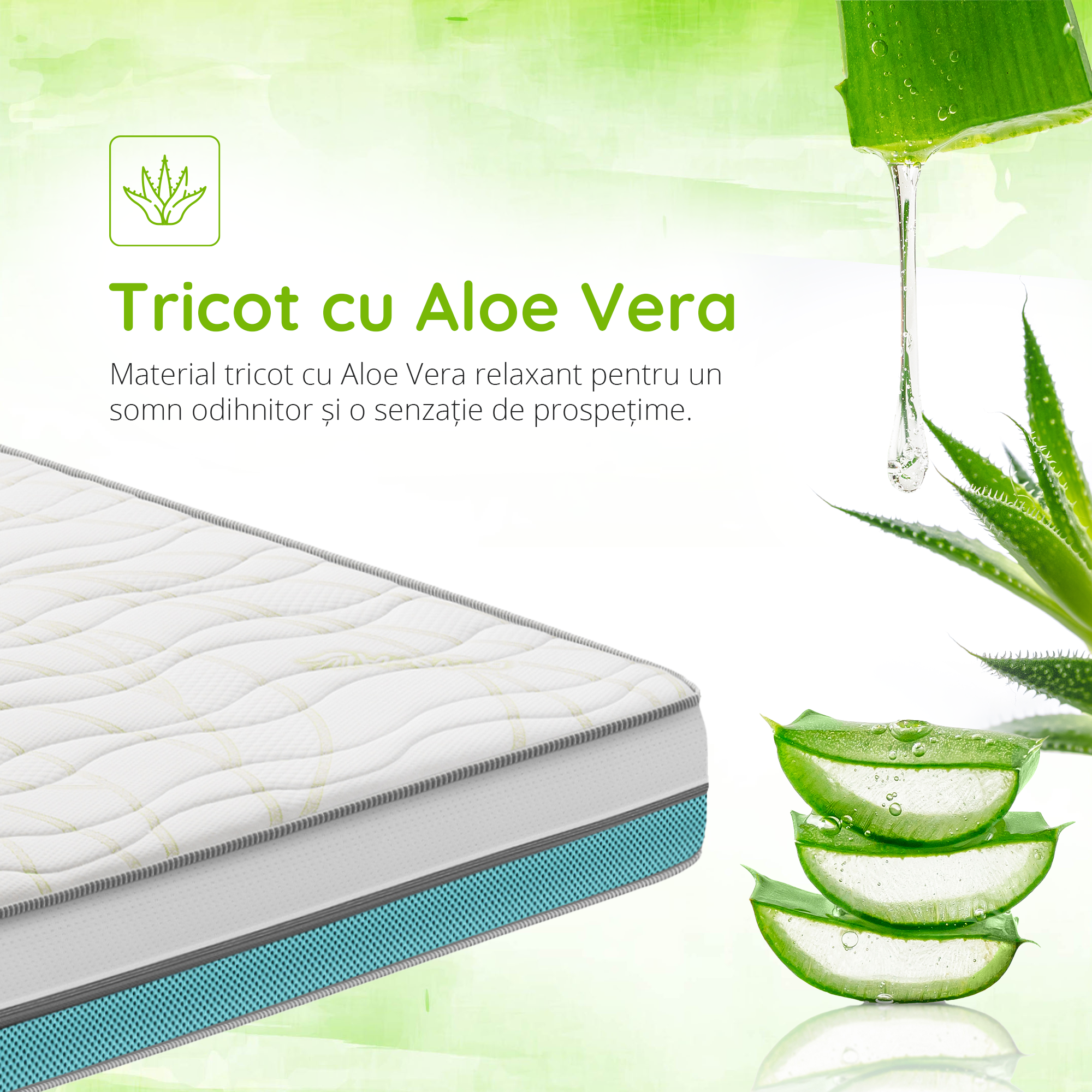 Saltea Ideal Sleep COOLTECH ALOE VERA DUAL, spumă poliuretanică durabilă, spumă High Resilience, husă CoolTech, superortopedică, Grosime 23 cm