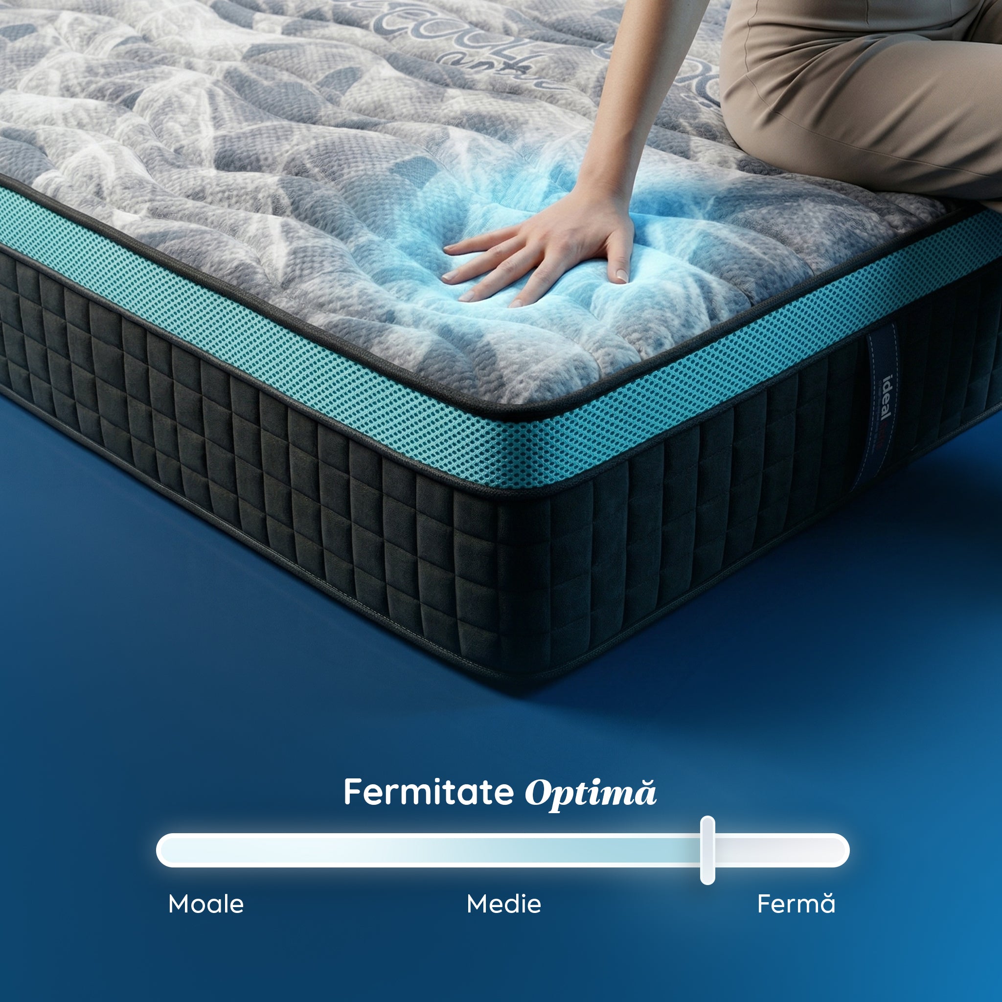 Saltea Ideal Sleep COOL MEMORY GEL POCKET 5 Zone, Arcuri individuale, spumă poliuretanica elastică, spumă cu memorie cu gel de răcire, husă CoolActive, superortopedică, Grosime 30 cm