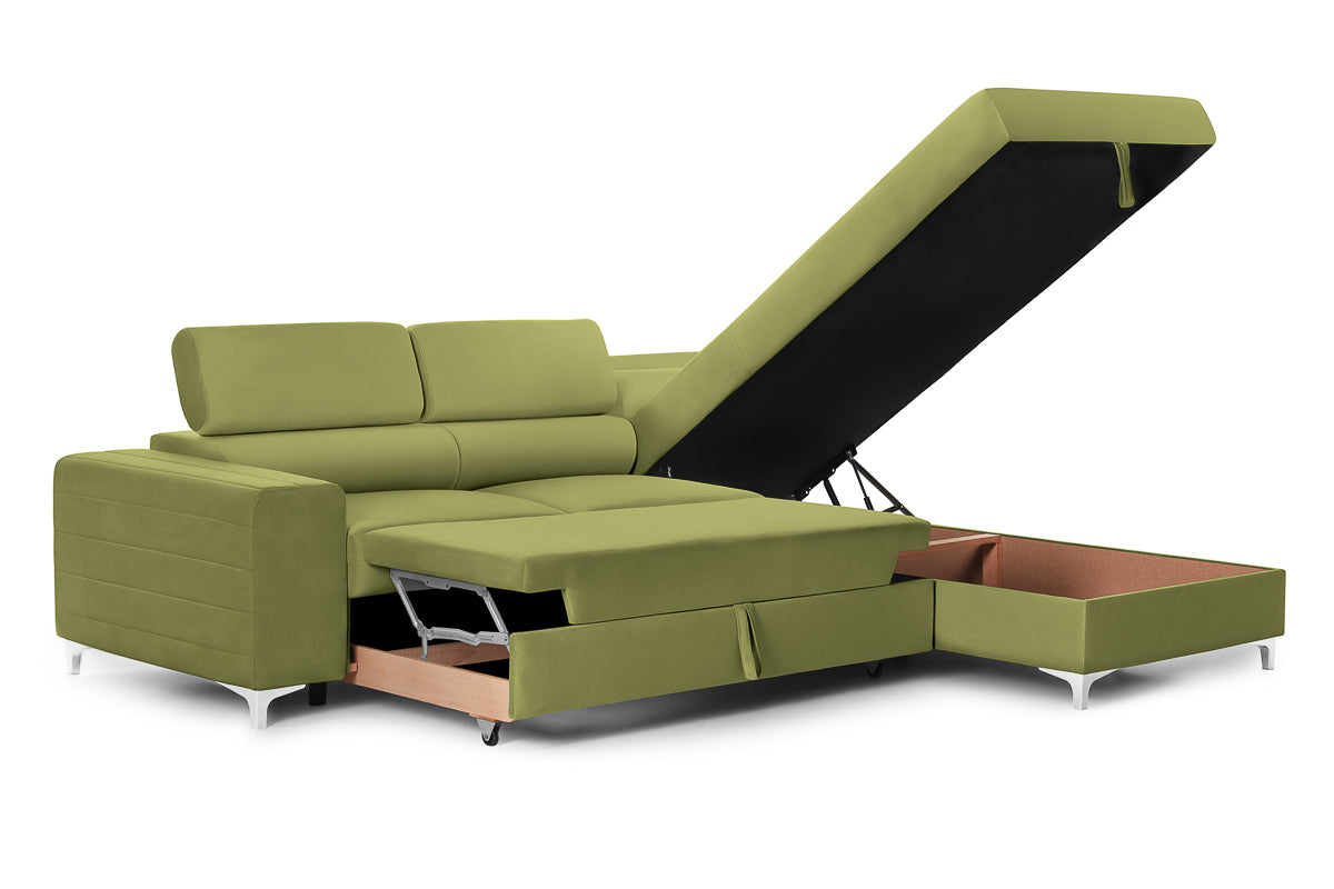 Colțar Extensibil TIME, cu lada depozitare, tetiere reglabile, 285x220x95 cm, #color_Verde-Olive-Velluto