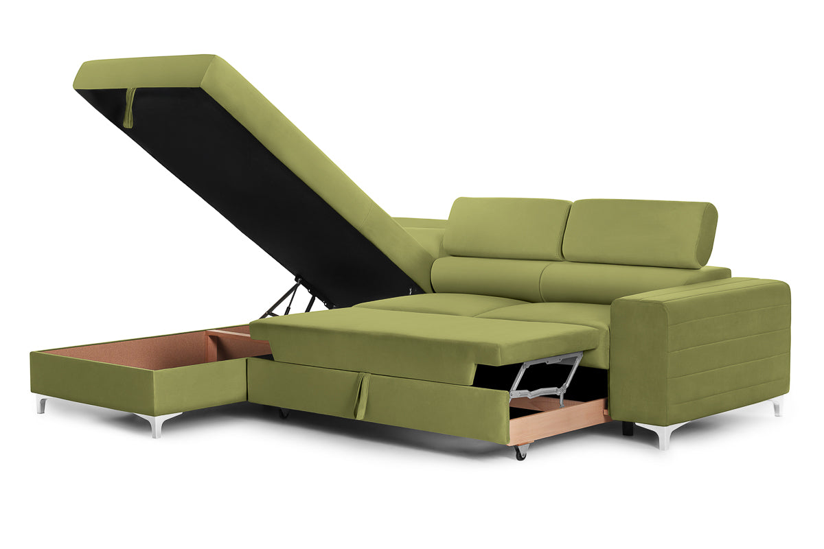 Colțar Extensibil TIME, cu lada depozitare, tetiere reglabile, 285x220x95 cm, #color_Verde-Olive-Velluto