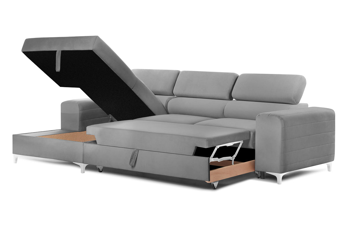 Colțar Extensibil LOFT, cu lada depozitare, tetiere reglabile, 295x170x95 cm, #color_Gri-Silver-Velluto