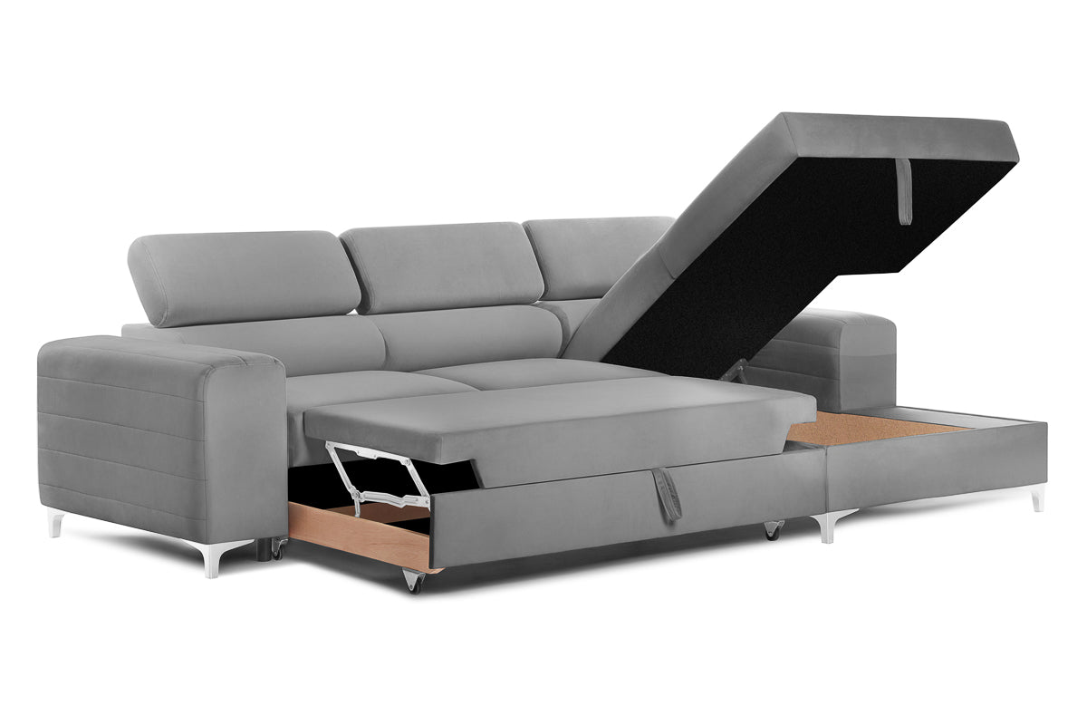 Colțar Extensibil LOFT, cu lada depozitare, tetiere reglabile, 295x170x95 cm, #color_Gri-Silver-Velluto