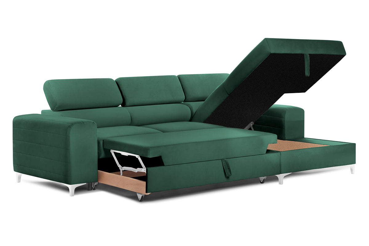 Colțar Extensibil LOFT, cu lada depozitare, tetiere reglabile, 295x170x95 cm, #color_Verde-Padure-Velluto