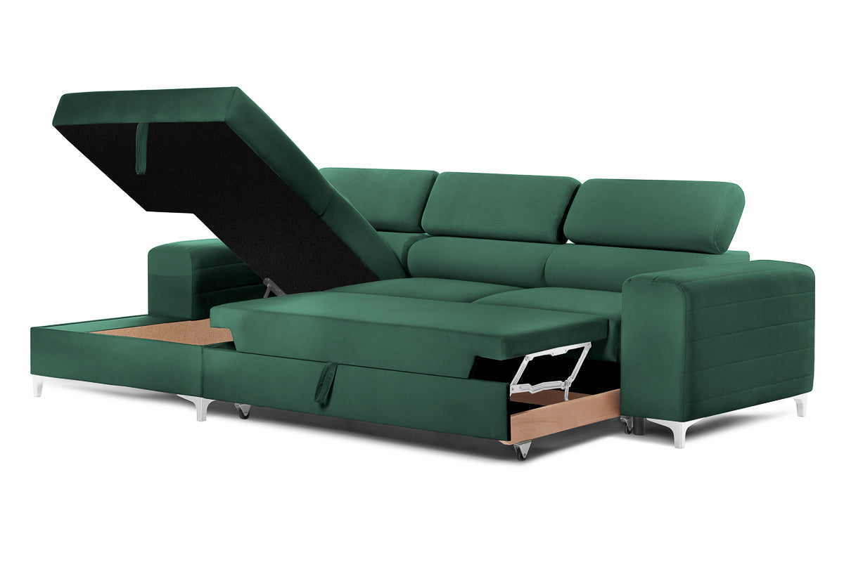 Colțar Extensibil LOFT, cu lada depozitare, tetiere reglabile, 295x170x95 cm, #color_Verde-Padure-Velluto