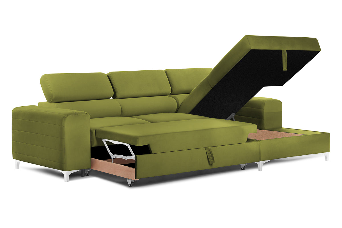 Colțar Extensibil LOFT, cu lada depozitare, tetiere reglabile, 295x170x95 cm, #color_Verde-Olive-Velluto