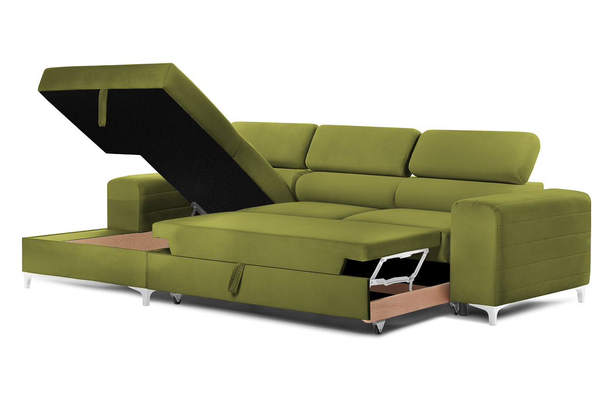 Colțar Extensibil LOFT, cu lada depozitare, tetiere reglabile, 295x170x95 cm, #color_Verde-Olive-Velluto