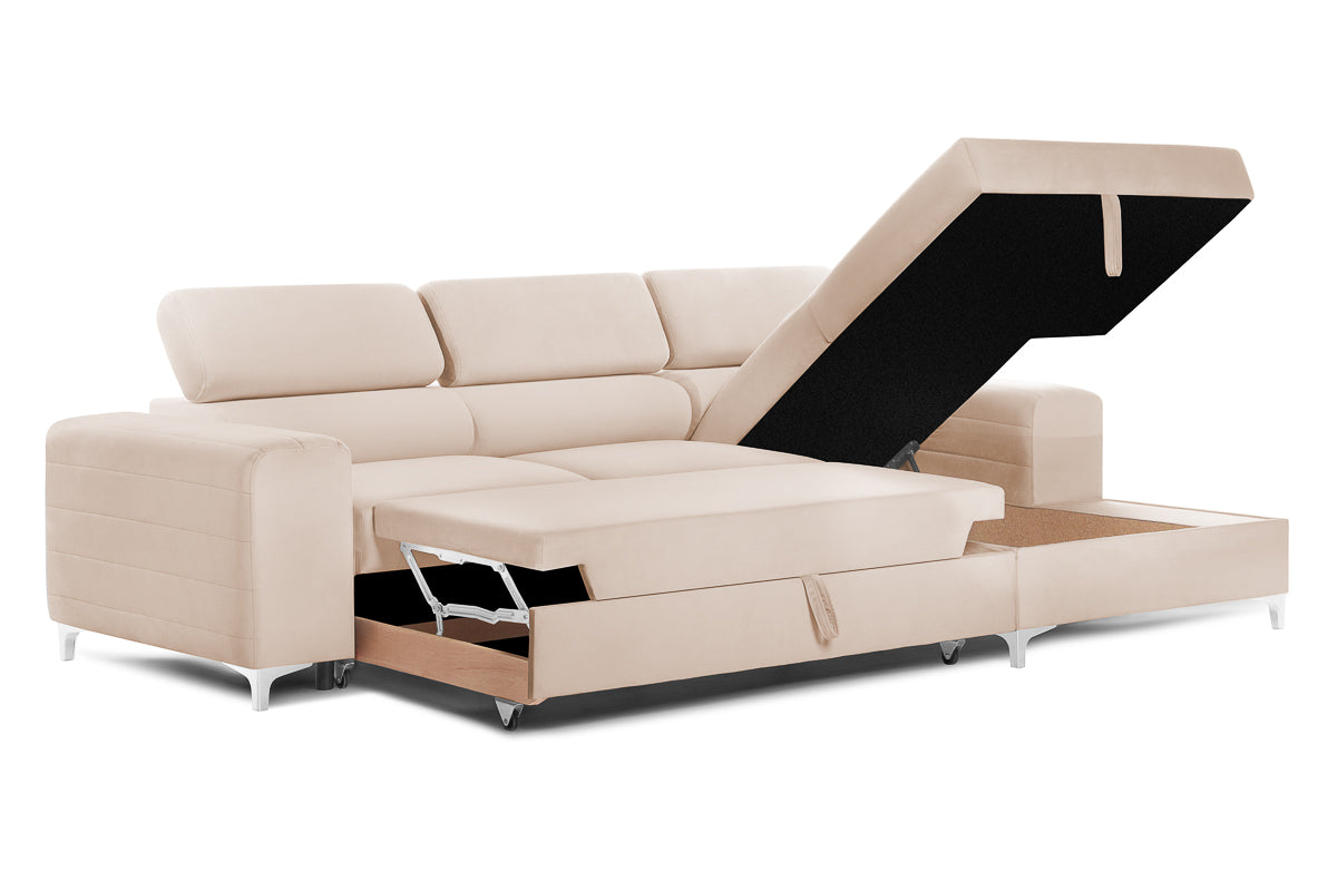 Colțar Extensibil LOFT, cu lada depozitare, tetiere reglabile, 295x170x95 cm, #color_Bej-Velluto