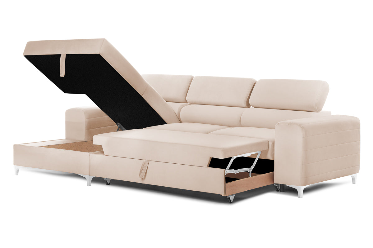 Colțar Extensibil LOFT, cu lada depozitare, tetiere reglabile, 295x170x95 cm, #color_Bej-Velluto