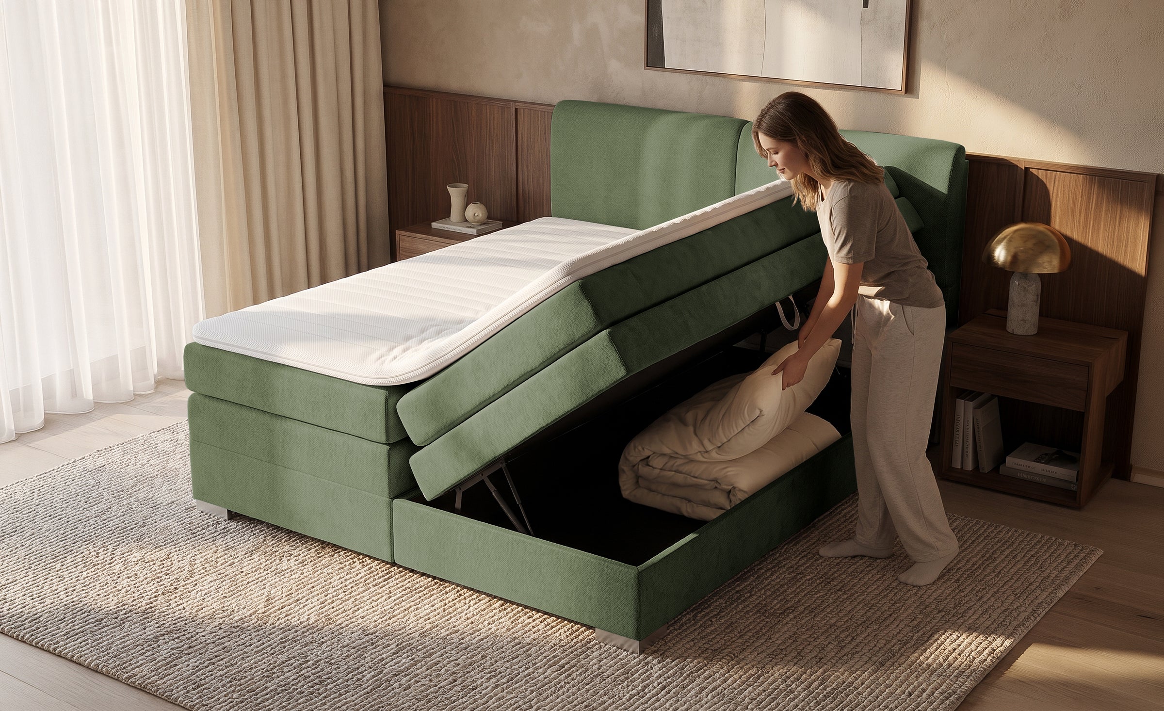 Pat Tapitat Charlotte, cu lada de depozitare, Gri, Prestigehome.ro, Prestige, #Color_Verde-Enjoy