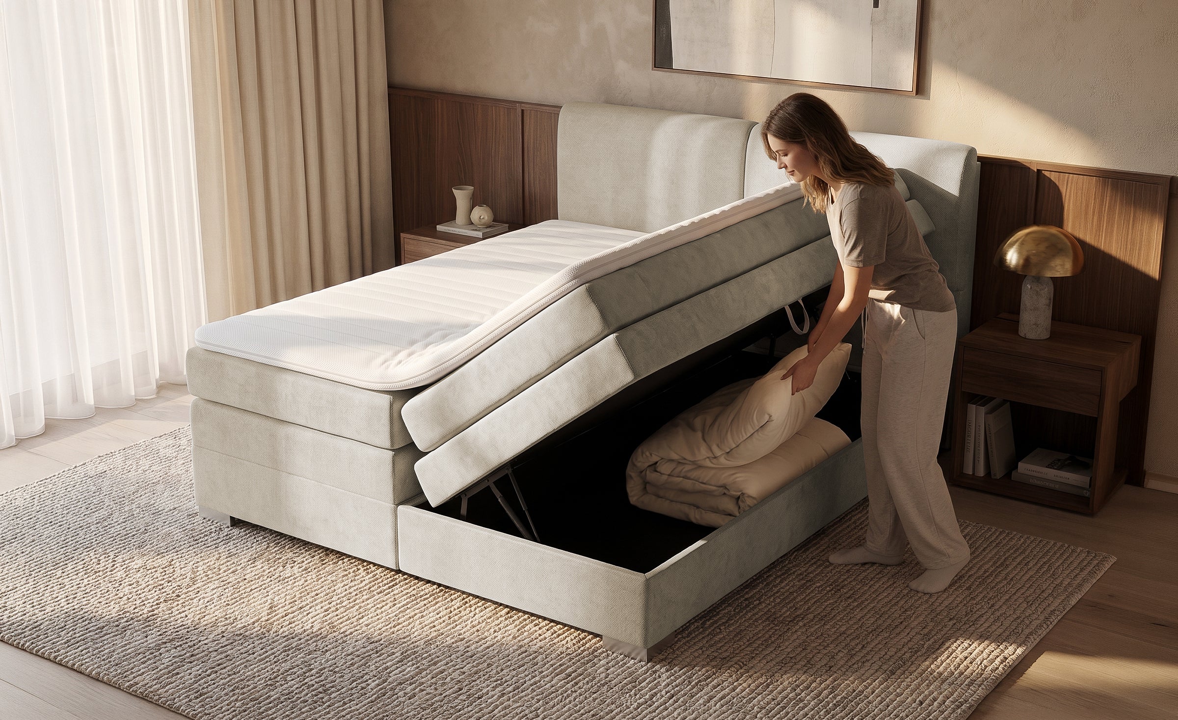 Pat Tapitat Charlotte, cu lada de depozitare, Gri, Prestigehome.ro, Prestige, #Color_bej-enjoy