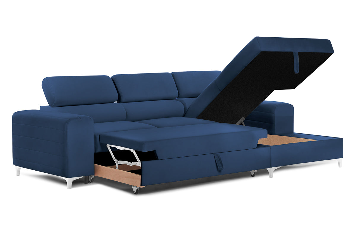 Colțar Extensibil LOFT, cu lada depozitare, tetiere reglabile, 295x170x95 cm, #color_Albastru-Velluto