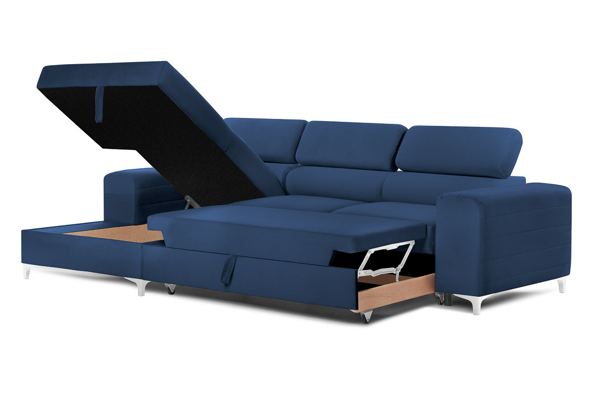 Colțar Extensibil LOFT, cu lada depozitare, tetiere reglabile, 295x170x95 cm, #color_Albastru-Velluto