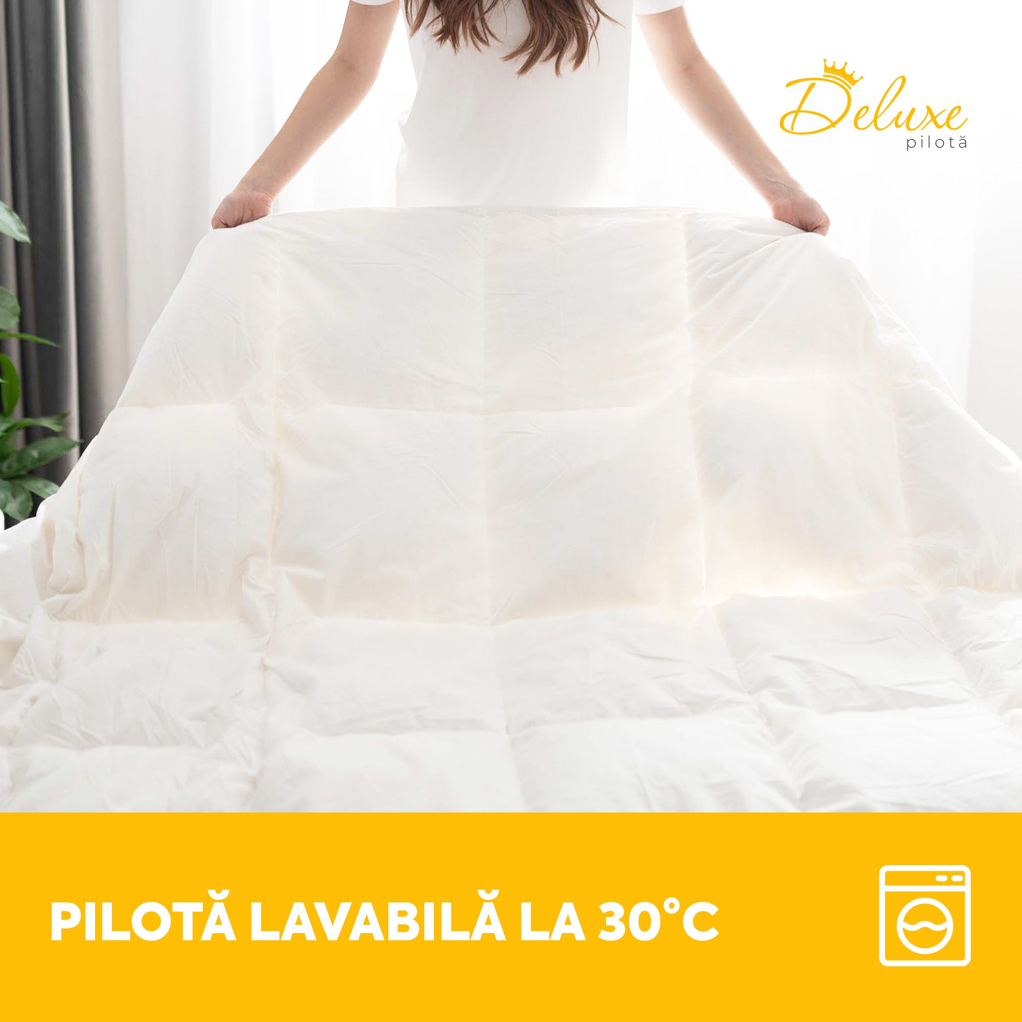 Pilotă Deluxe, 4 anotimpuri, cu pene și puf de gâscă, husă bumbac, 140