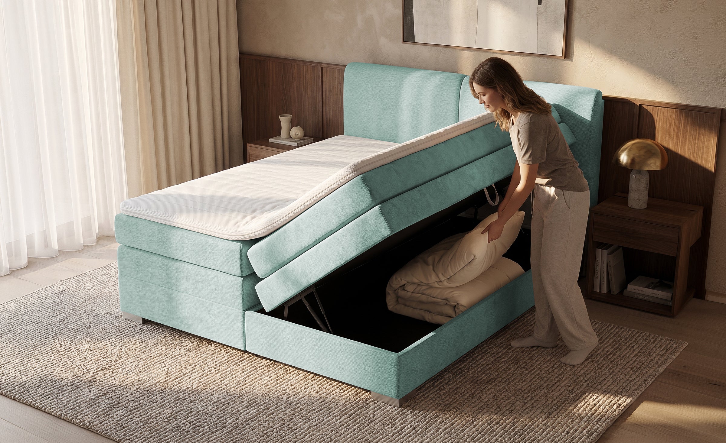 Pat Tapitat Charlotte, cu lada de depozitare, Gri, Prestigehome.ro, Prestige, #Color_menta-enjoy