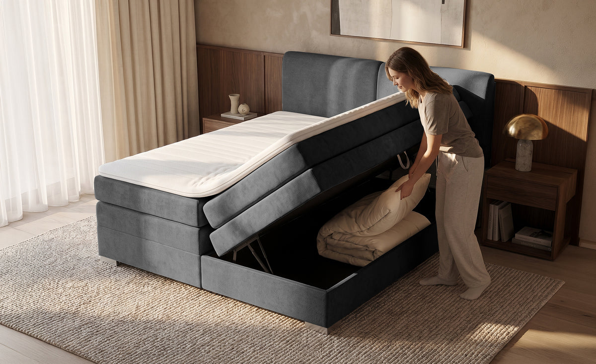 Pat Tapitat Charlotte, cu lada de depozitare, Gri, Prestigehome.ro, Prestige, #Color_gri-inchis-enjoy