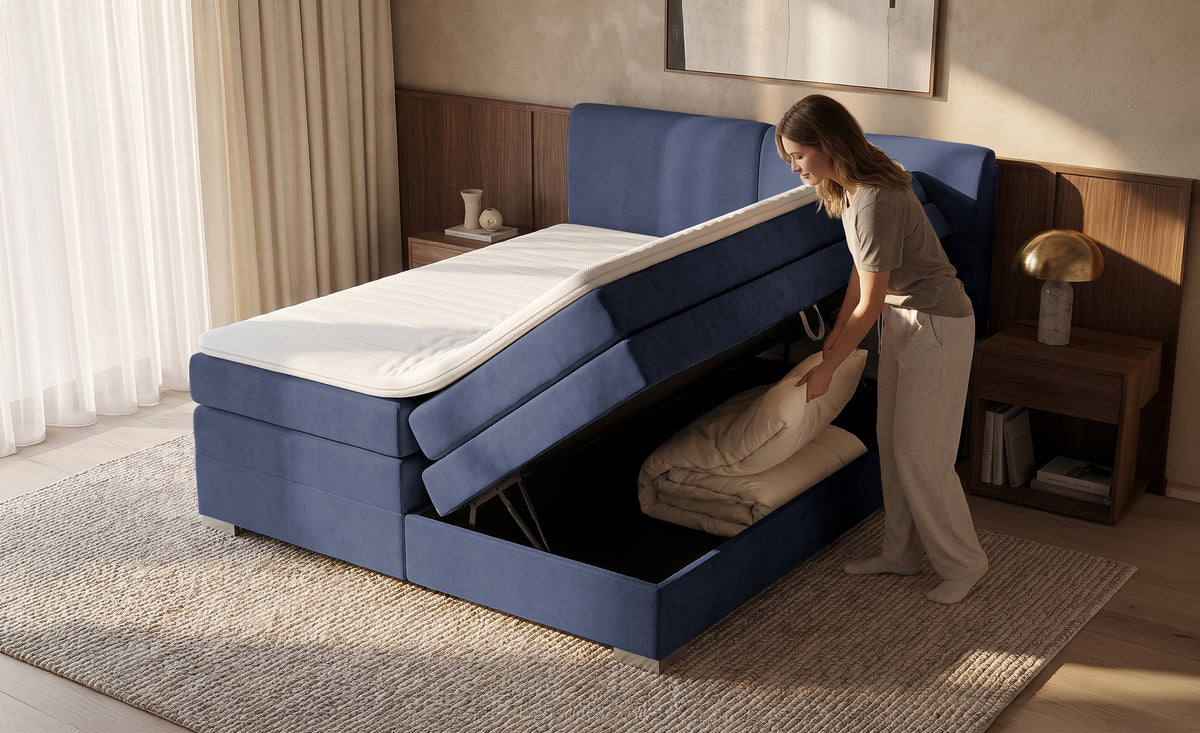 Pat Tapitat Charlotte, cu lada de depozitare, Gri, Prestigehome.ro, Prestige, #Color_Albastru-Inchis-Enjoy
