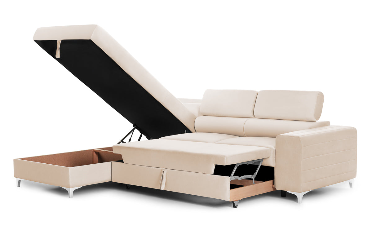 Colțar Extensibil TIME, cu lada depozitare, tetiere reglabile, 285x220x95 cm, #color_Bej-Velluto
