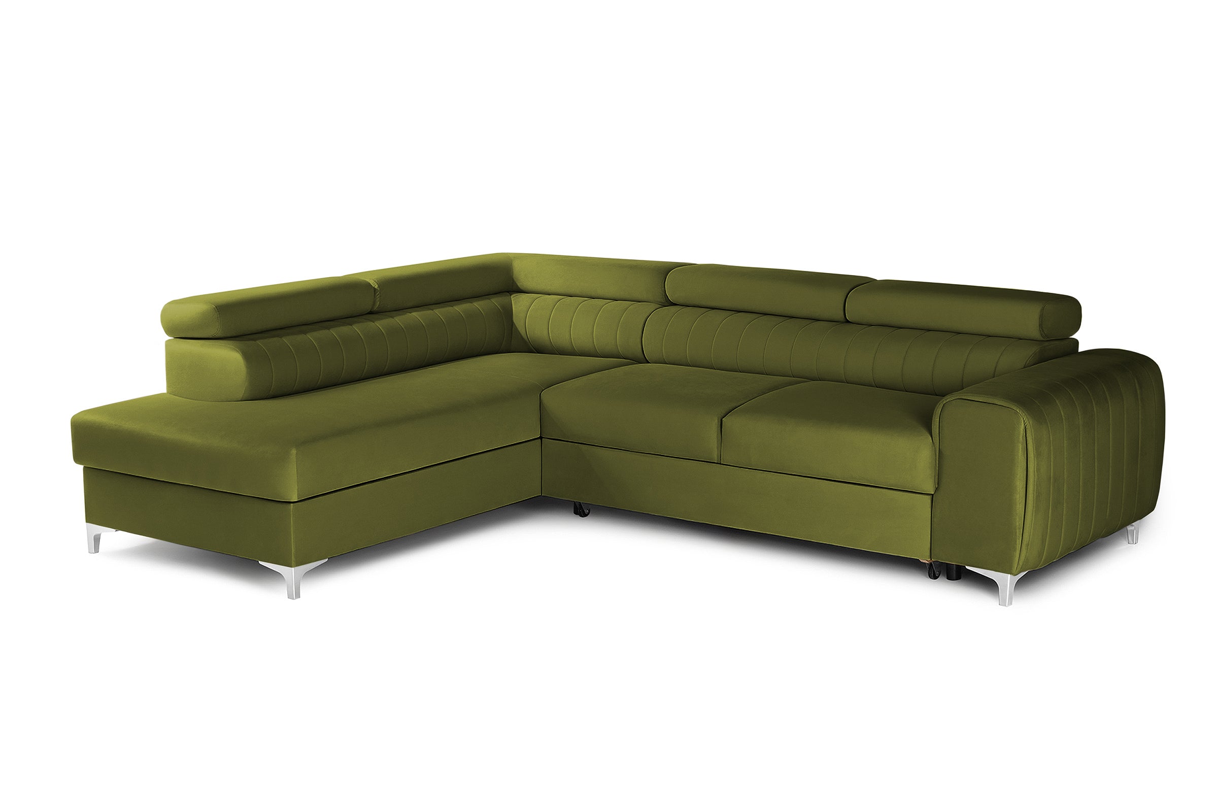 Colțar Extensibil TIME, cu lada depozitare, tetiere reglabile, 285x220x95 cm, #color_Verde-Olive-Velluto
