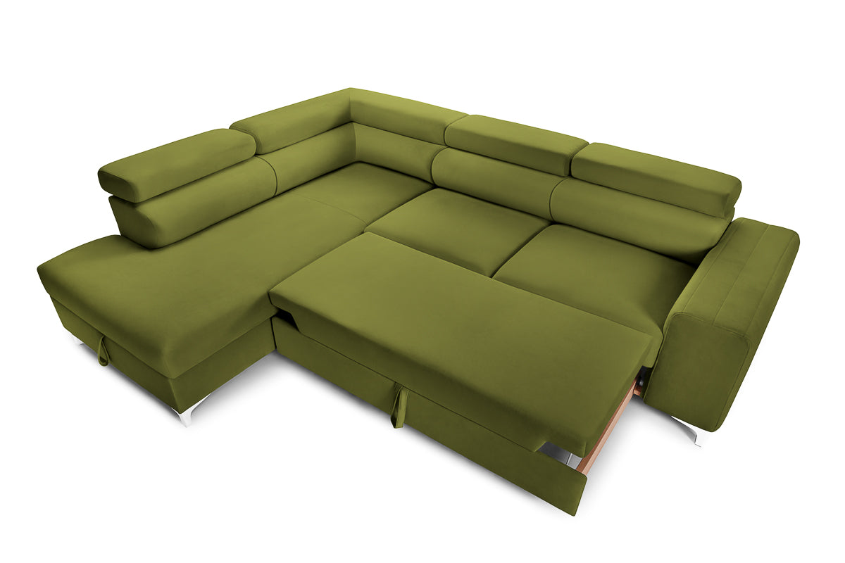 Colțar Extensibil TIME, cu lada depozitare, tetiere reglabile, 285x220x95 cm, #color_Verde-Olive-Velluto