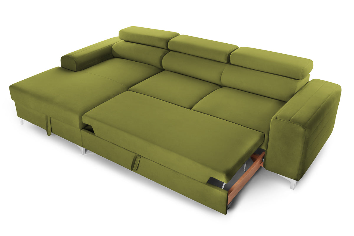 Colțar Extensibil LOFT, cu lada depozitare, tetiere reglabile, 295x170x95 cm, #color_Verde-Olive-Velluto
