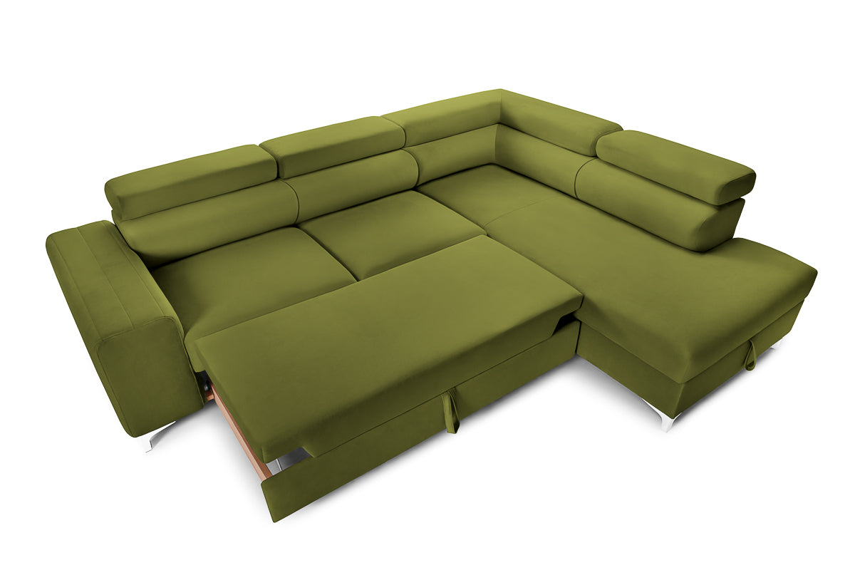 Colțar Extensibil TIME, cu lada depozitare, tetiere reglabile, 285x220x95 cm, #color_Verde-Olive-Velluto